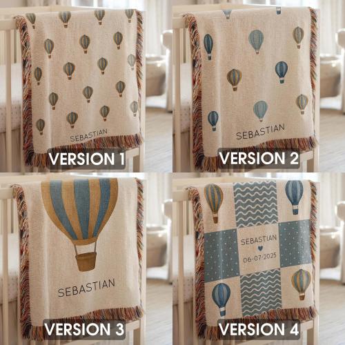 Personalized Hot Air Balloon Baby Blanket, Custom Name Blanket, Adventure Baby Gift, Neutral Nursery Throw, Baby Boy or Girl Blanket Version 2