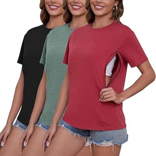 Ecavus Women's 3-Pack Nursing Shirts for Breastfeeding with Hidden Zippers Loose Fit Maternity Tops
