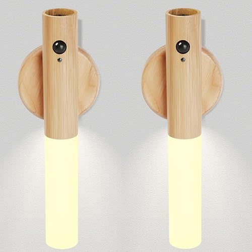 LANDGOO Nursery Night Light, Set of 2 LED Body Motion Sensor Warm Nursing Lamp, 360° Portable USB Rechargeable Lamps, for Bedroom Livingroom, Ash Wood 2Pcs