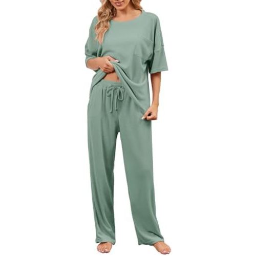 JiniGolla Womens Pajama Sets Waffle Knit Short Sleeve Shirt with Long Pajama Pants Soft Sleepwear Pj Lounge Sets
