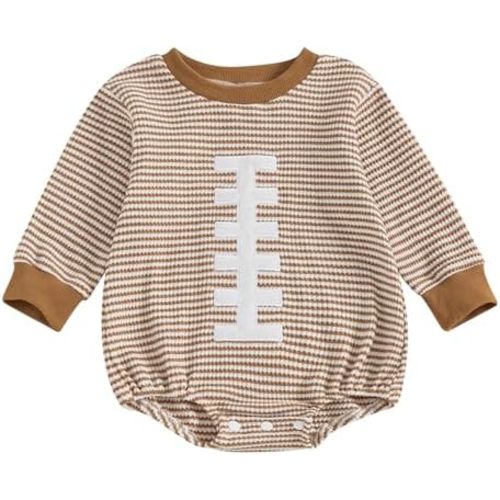 Baby Boy Girl Football Clothes Striped Embroidery Sweatshirt Bubble Romper Waffle Long Sleeve Bodysuit Fall Outfit