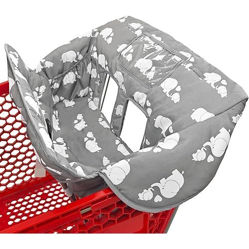 2-in-1 Shopping Cart and High Chair Cover for Baby, Padded Cover, Fold'n Roll Style, Portable with Carry Bag (Gray Elephant)