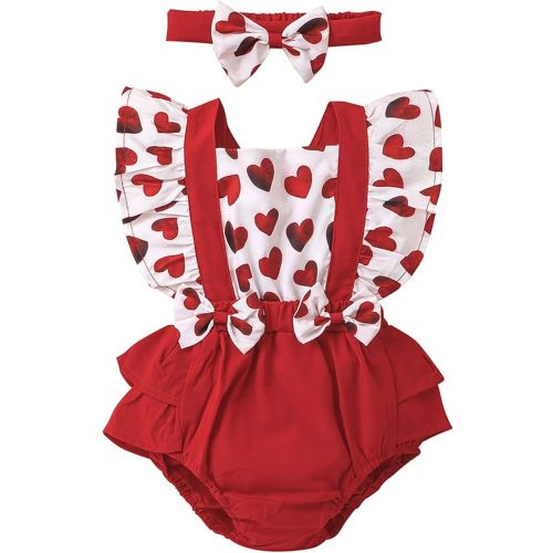 TBUIALL Infant Girls Valentine's Day Fly Sleeve Hearts Prints Romper Ruffles Bowknot Backless Bodysuits Headbands Set