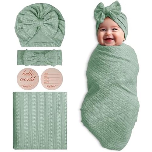 Golener Muslin Swaddle Blankets,Sleepea Swaddle with Bow Headbands, Hats Set and Newborn Name Announcement Card, Stretchy Baby Blankets for Girls and Boys Unisex, Perfect for Newborn Photos (Olive)
