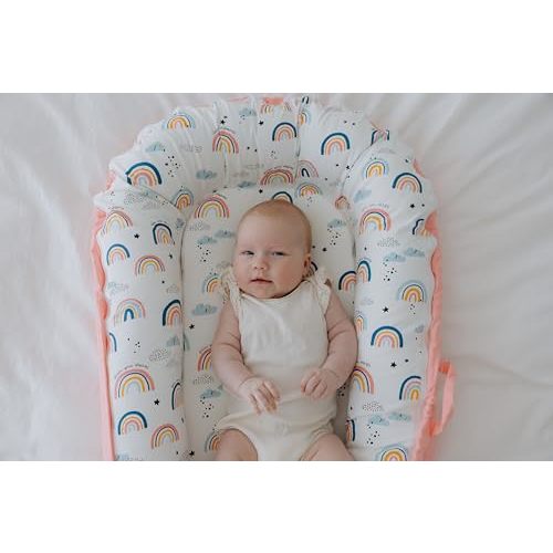 Beeezy Buddies Baby Lounger (Pink/White, Rainbows) - for Newborns to Toddlers Between 0-24 Months + Portable + Water-Resistant + 100% Cotton