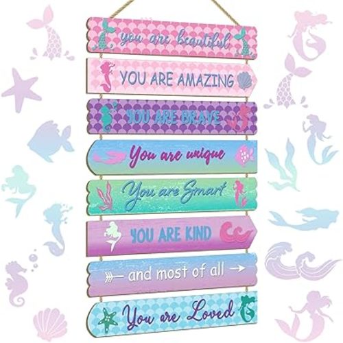 Girls Kids Unicorn Butterfly Boho Rainbow Elephant Affirmation Wall Decor Art For Toddler & Baby Princess Nursery Room Wood Signs & Decorations, Mermaid