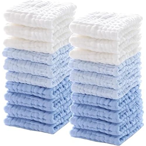 Breling 20 Pcs Baby Muslin Washcloths 12 x 12 Inch Burp Cloth Absorbent Muslin Washcloth Natural Cotton Wipes Soft Newborn Baby Face Towel for Sensitive Skin(White, Light Blue, Blue)