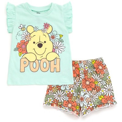 Disney Minnie Mouse Lilo & Stitch Winnie the Pooh Disney Classics Princess Floral T-Shirt and Shorts Outfit Set Toddler, Color: Winnie the pooh, blue, Size: 12 months