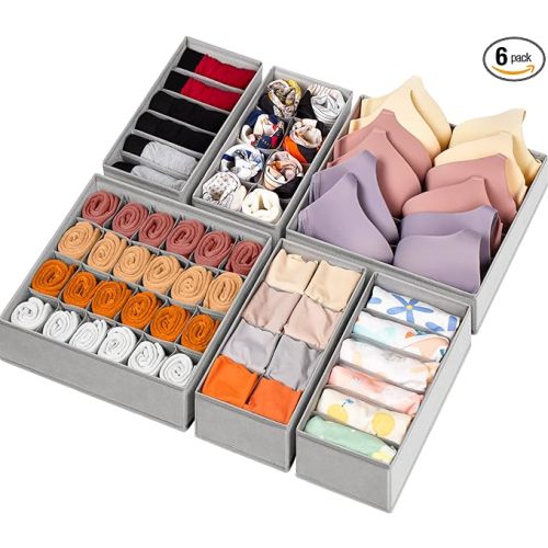 6 Pack Sock Underwear Drawer Organizer Dividers, 58 Cell Foldable Fabric Dresser Closet Organizers and Storage Bins for Clothing, Baby Clothes, Bra, Panty, Scarf, Ties (Grey)