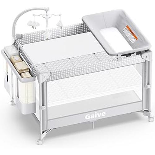 4 in 1 Baby Bassinet, One-Push Setup Pack and Play, Bedside Crib Sleeper with 3 Height Adjustable，Diaper Changer, Come with Comfy Mattress, Rotating Toy Bar, from Infants to Toddlers (Grey)