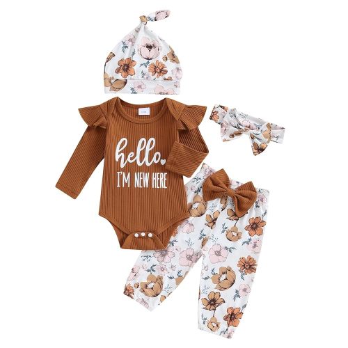 Hello World Newborn Outfit Baby Girl Going Home Outfit Ruffle Ribbed Romper Top Floral Pants Set Cute Summer Clothes