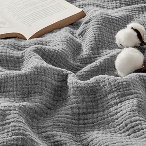 Bedsure 100% Cotton Muslin Throw Blanket Twin XL for Bed - 4-Layer Breathable and Lightweight Soft Gauze Muslin Blanket for Summer, Grey, 66x90 Inches