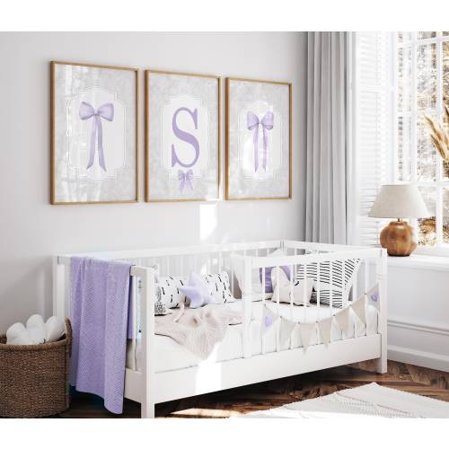 Bow print wall art, Coquette Bows Girls Art Prints Periwinkle Purple Initial Bow Nursery Art Decor Set of 3 UNFRAMED Prints or Canvas