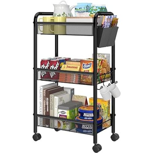 Simple Trending 3 Tier Rolling Storage Cart on Wheels, Utility Organizer Shelves with Box and Hooks for Kitchen Bathroom, Metal Mesh Black