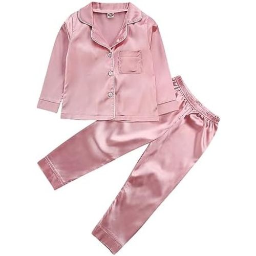 Kids Baby Girl Boy Satin Pajamas Set Button Down Sleep Shirt Top+Long Pants Bottoms Sleepwear Loungewear Clothes