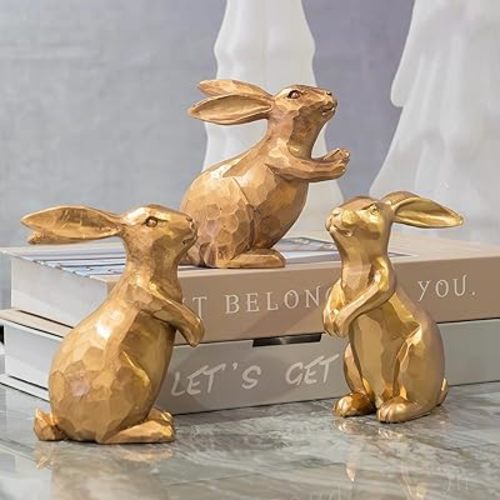 NEROSUN Resin Vintage Gold Bunny Decor Rabbit Figurines, Small Easter Bunny Figurine Set of 3, Vintage Easter Rabbit Statue Table for Home Decoration