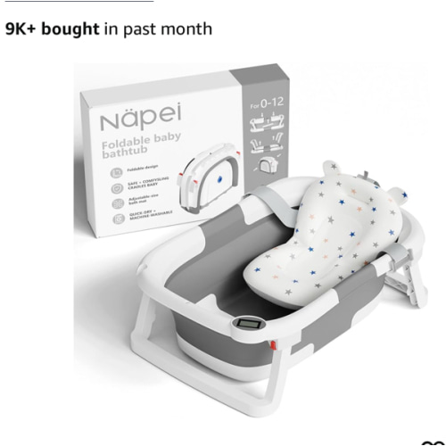 napei Collapsible Baby Bathtub,Baby Bath Tub with Soft Cushion & Thermometer,Baby Bathtub Newborn to Toddler 0-36 Months,Portable Travel Baby Tub