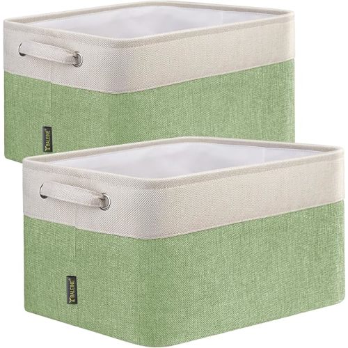 BALEINE 2 Pack Fabric Storage Bins for Shelves, Linen Storage Baskets for Organizing, Decorative Closet Bins for Clothes, Home (Green, 15''x11''x9.5'')