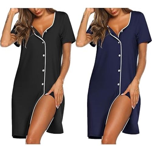 Ekouaer Nightgowns for Women 2 Pack Button Down Sleepshirt Short Sleeve Nightshirt Soft Sleepwear V Neck Pajama Dress