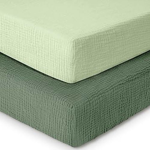 Dreamology Mini Crib Sheets,100% Muslin Cotton Crib Sheets,Pack n Play Sheets,Muslin Cotton Crib Sheet Fitted for Girls and Boys, Pack and Play Sheets, 24x38 Mini Crib Sheet | Green and Light Green