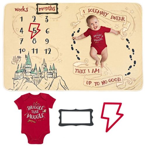 Wizarding World Harry Potter Newborn Baby Boys Bodysuit and Monthly Milestone Blanket 4 Piece Layette Set Maroon / White 3-6 Months