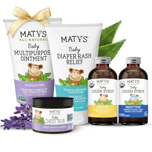 Matys Baby Essentials Kit for Newborn Parents or Baby Shower Gifts, The Ultimate Must Haves Bundle: Chest Rub, Multipurpose Ointment, Diaper Rash Cream, Organic Cough Syrups, 5 PC Set