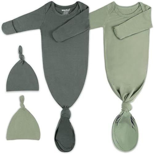 2Pk Newborn Baby Knotted Gown, Super Soft Silky Infant Long Sleeve Sleeper for Baby Sleeping with Hat or Headband (2 Packs)