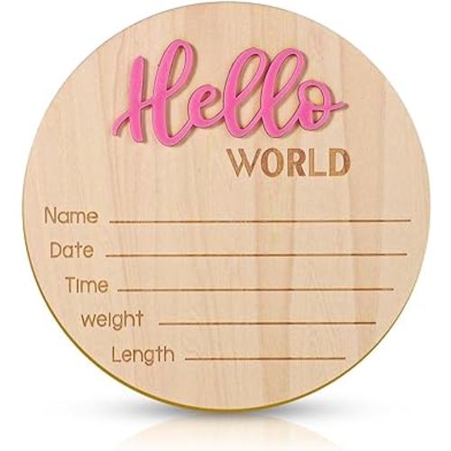 Baby Announcement Sign, 5.9 Inch Wooden Hello World Newborn Welcome Sign Birth Baby Name Plaques for Photo Props Baby Shower Hospital Nursery (Pink)