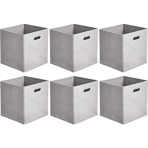 Amazon Basics Collapsible Cube Storage Organizer Bins, 6-Pack, 10.5 x 10.5 x 11 inches, Light Grey