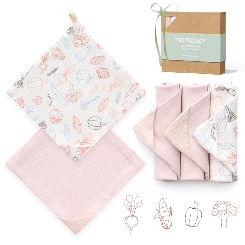 Momcozy Soft & Absorbent Baby Washcloths - 4 Layer Design| Medium Thickness| Premium Cotton for Newborns' Skin-Great for Bathing, Wiping & on-The-go Use, Shower Gift and Essential(5 Pack, 10x10 inch)
