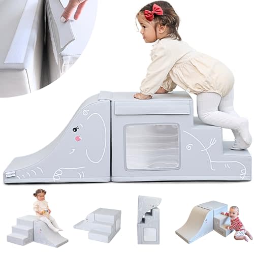 LORAIA* Non-Toxic Foam Climbing Blocks for Toddlers 1-3 - Large Vegan Leather Baby Climbing Blocks - High-end Soft Play Set w/TOP Fasteners & Baby Slide - Climbing Toys for Toddlers 1-3 Inside