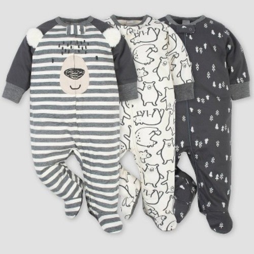 Gerber Baby Boys' 3pk Bear Zip-Front Sleep N' Play - Gray/White