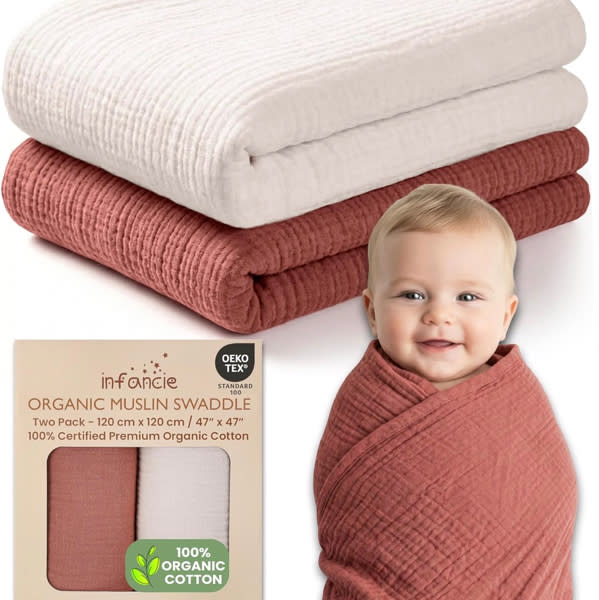100% Organic Cotton 2 Muslin Baby Blanket Unisex 47x47 Inch