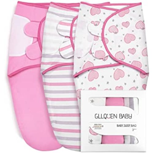 GLLQUEN BABY Swaddle Blankets for Baby Girl, Rose Pink Heart & Stripes, 3 Pack Wrap Set, Newborn Adjustable Swaddles Sleep Sack, 0-3 Months (Small/Medium)