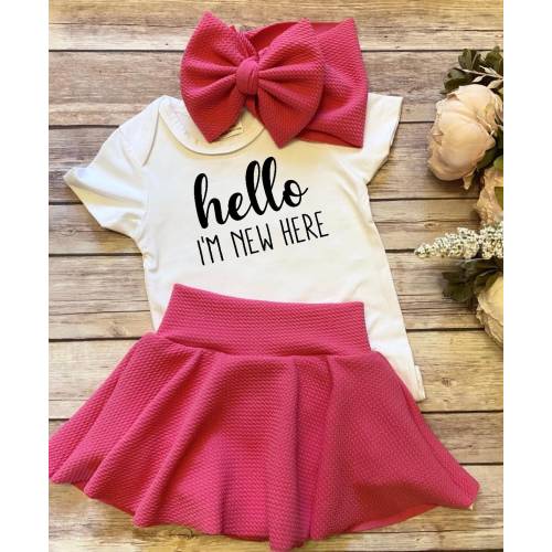 NEW** Baby Girl Soft Knit Bummies and Bow Set - Hello I’m new here Pink skirt bummies and bow
