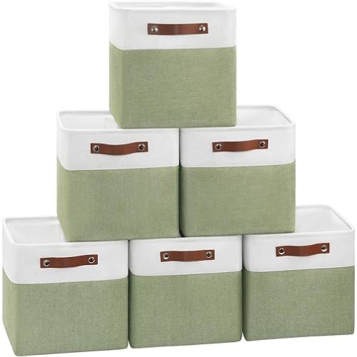 Collapsible Fabric Cube Storage Bins 11x11×11, Pack of 6 Closet Basket Boxes with PU Handles for Organizing Shelves, Toys, Clothes, Home, Office (White&Green)