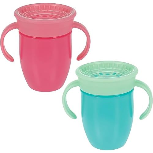 Nuby Wonder Cup - Spill-Proof Toddler Sippy Cups - (2 Pack) 5 oz - Sip from All Sides - Leak Resistant - Easy Grip Two-Handle Design - Pink/Aqua