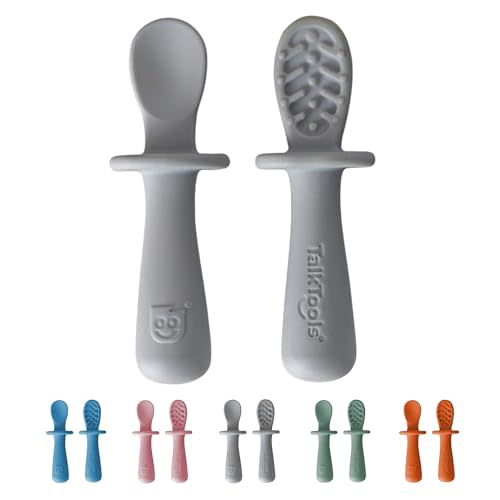 TalkTools ITSY Tiny Silicone Spoons – Twin Pack Soft Silicone Self-Feeding Training Spoons for Kids & Toddlers, Anti-Choking Flange Guard and Non-Slip Handle (Cloud)
