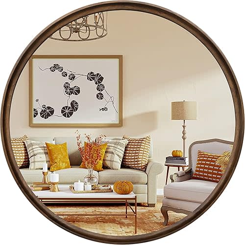 WallBeyond Round Mirror with Solid Real Wood Frame for Wall Decor, 26" Circle Wood Mirror Bathroom Wall Mirror for Living Room, Entryway and Bedroom,Brown