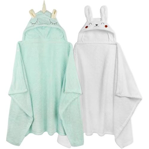 Baby Bath Towels Hooded Baby Towels with Hood Toddler Towels for Girl Boy 0-5 Years, 2-Pack Soft & Absorbent Baby Hooded Towels Large 50'' x 32'' Thick Toddler Beach Towel (Green&White)