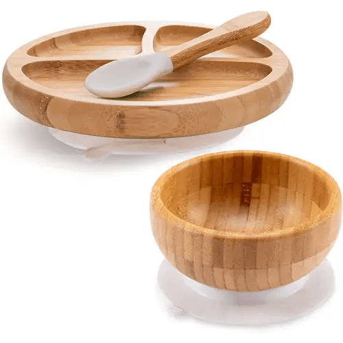 Baby Divided Bamboo Plates, Bowls with Suction and Matching Spoon Set, 3 Piece Feeding Supplies Set for Infant, Toddlers, Detachable Silicone Suction Stay Put Base for Wooden Bowl, Plate