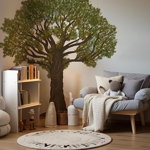 Original Hand Drawn Huge Olive Tree Wall Decals Peel and Stick, PVC Realistic Tree Wall Murals, Tree Stickers Wall Art Decor for Boys Bedroom Neutral Gender Children Playroom Kids Room