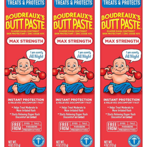 Boudreaux's Butt Paste Maximum Strength Diaper Rash Cream, Ointment for Baby, 4 oz Tube, 3 Pack