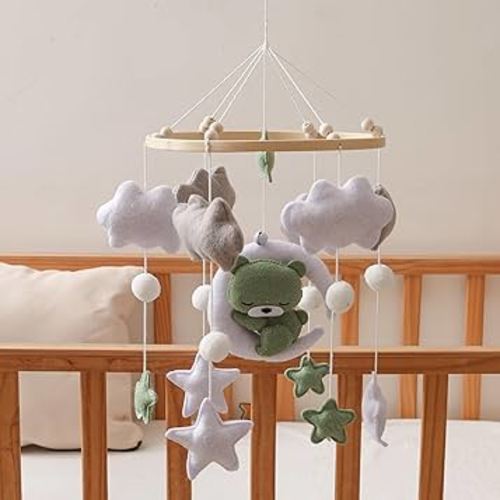EERKEOD Baby Crib Mobile Bear Nursery Mobile for Boys Girls Teddy Velvet Mobile Nursery Decor for Infant Bedroom Hanging Baby Mobile for Bassinet Newborn Baby Gift（Brown Bear） (Green)