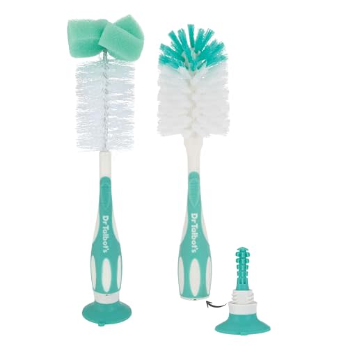 Dr. Talbot’s Bottle and Nipple Brush, Soft Nylon Bristles, Sponge Top, Handle with Suction Base, 2 Pack, Aqua