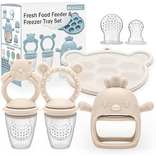 4 Pack Silicone Teething Mitten for Babies with Baby Fruit Food Feeder & Freezer Tray Set, BPA Free Infant Teething Relief Toy for 3 Month+, Additional Silicone Sacs (Bear&Smile Beige)