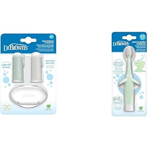 Dr. Brown's Silicone Finger Toothbrush for Baby with Travel-Storage Case, 3m+, Gray and Light Green & Infant-to-Toddler Toothbrush, Elephant, Mint, 0-3 Years
