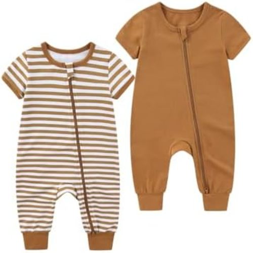 Baby Boys Girls One-Piece Rompers 2 Pack Unisex Infant Zipper Short Sleeve Jumpsuits 0-24Months New Born Clothing