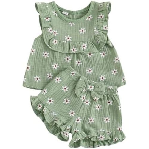 BemeyourBBs Summer Toddler Girl Clothes Baby Girl Ruffle Sleeveless Shirt with Buttons Bow Bloomers Shorts Set Cute Outfits