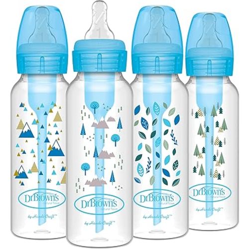 Dr. Brown's Natural Flow Anti-Colic Options+ Narrow Baby Bottle, Blue Nature, 8 oz/250 mL, with Level 1 Slow Flow Nipples, 0m+, 4 count (Pack of 1)